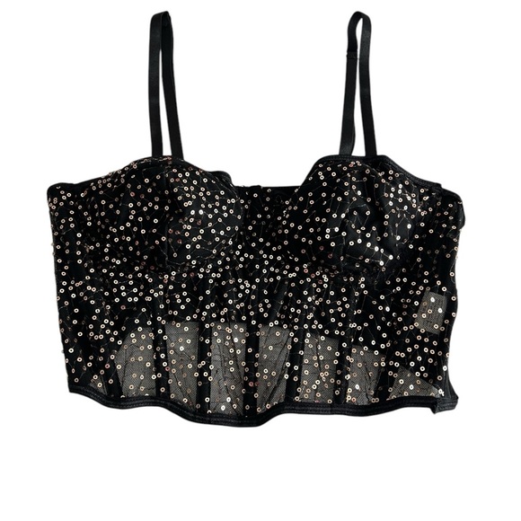Black Sequin Crop Top. Gold sequins. Lined cups with sheer bodice with boning - Picture 1 of 9
